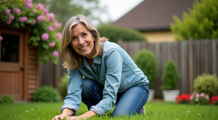 Femme d'âge moyen dans le jardin, touchant l'herbe verte