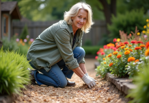 Femme d'âge moyen en extérieur étalant des copeaux de bois dans un jardin