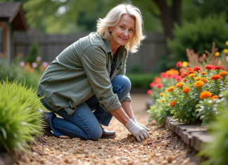 Copeaux de bois pour sol : avantages, utilité et conseils d’utilisation Femme d'âge moyen en extérieur étalant des copeaux de bois dans un jardin