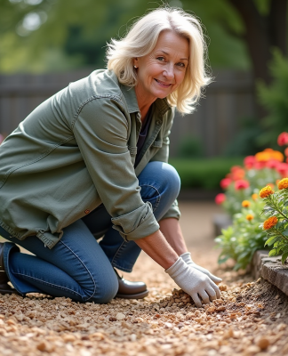Femme d'âge moyen en extérieur étalant des copeaux de bois dans un jardin
