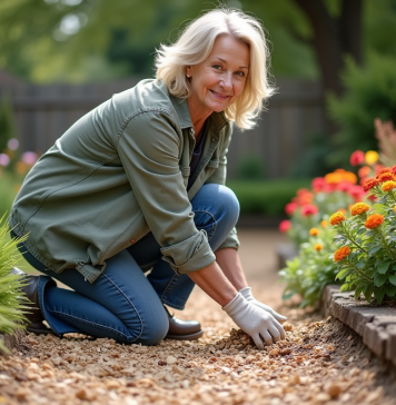 Copeaux de bois pour sol : avantages, utilité et conseils d’utilisation Femme d'âge moyen en extérieur étalant des copeaux de bois dans un jardin