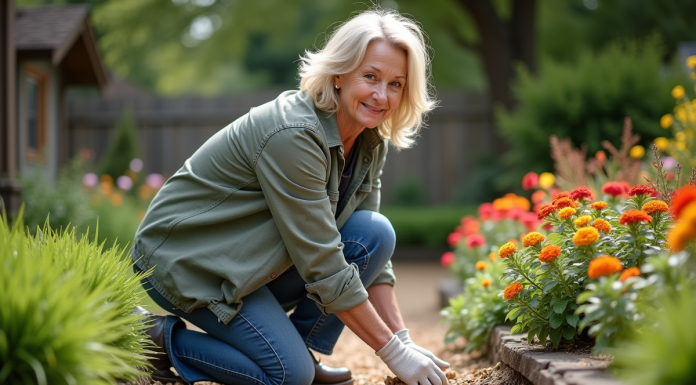 Femme d'âge moyen en extérieur étalant des copeaux de bois dans un jardin