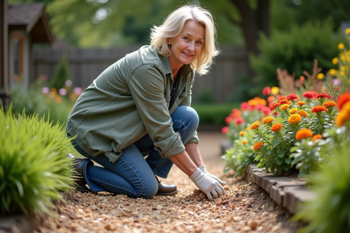Femme d'âge moyen en extérieur étalant des copeaux de bois dans un jardin