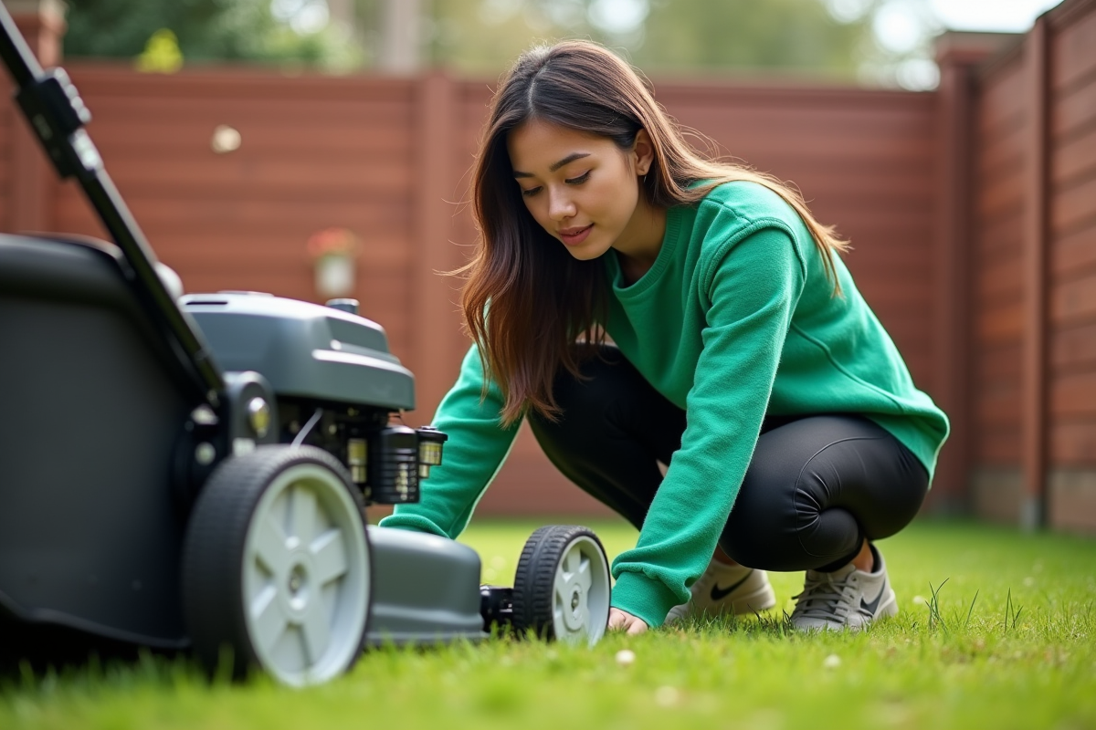 Jeune femme examinant une pelouse irrégulière dans son jardin urbain