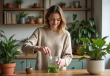 Femme versant de l'eau dans un pot de plantes dans la cuisine