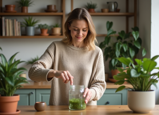 Changer l’eau des boutures : bienfaits et fréquence à connaître ! Femme versant de l'eau dans un pot de plantes dans la cuisine