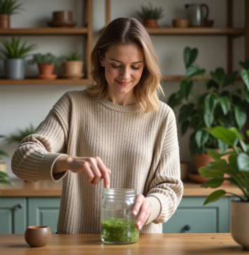 Femme versant de l'eau dans un pot de plantes dans la cuisine
