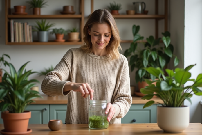 Femme versant de l'eau dans un pot de plantes dans la cuisine