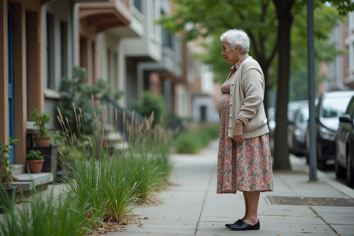 Femme âgée observant les mauvaises herbes en ville