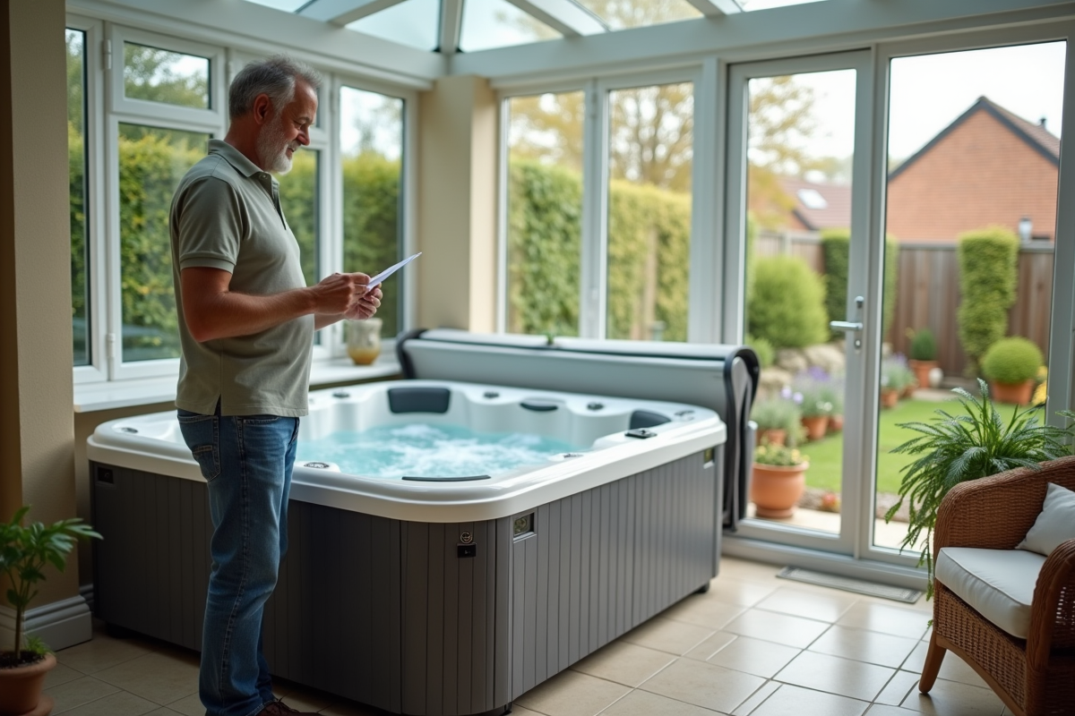 Homme en intérieur vérifie instructions du spa