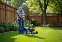 Tondeuses à gazon électriques : efficaces ou risquées pour votre pelouse ? Homme d'âge moyen inspectant sa pelouse avec une tondeuse électrique