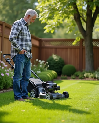 Homme d'âge moyen inspectant sa pelouse avec une tondeuse électrique