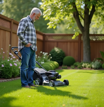 Homme d'âge moyen inspectant sa pelouse avec une tondeuse électrique