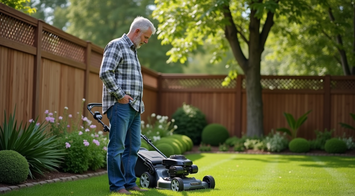 Homme d'âge moyen inspectant sa pelouse avec une tondeuse électrique