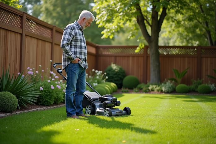 homme-jardinage-tondeuse-electrique Homme d'âge moyen inspectant sa pelouse avec une tondeuse électrique