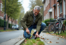 Homme d'âge moyen nettoyant les dalles de la ville