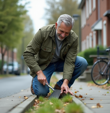 Homme d'âge moyen nettoyant les dalles de la ville