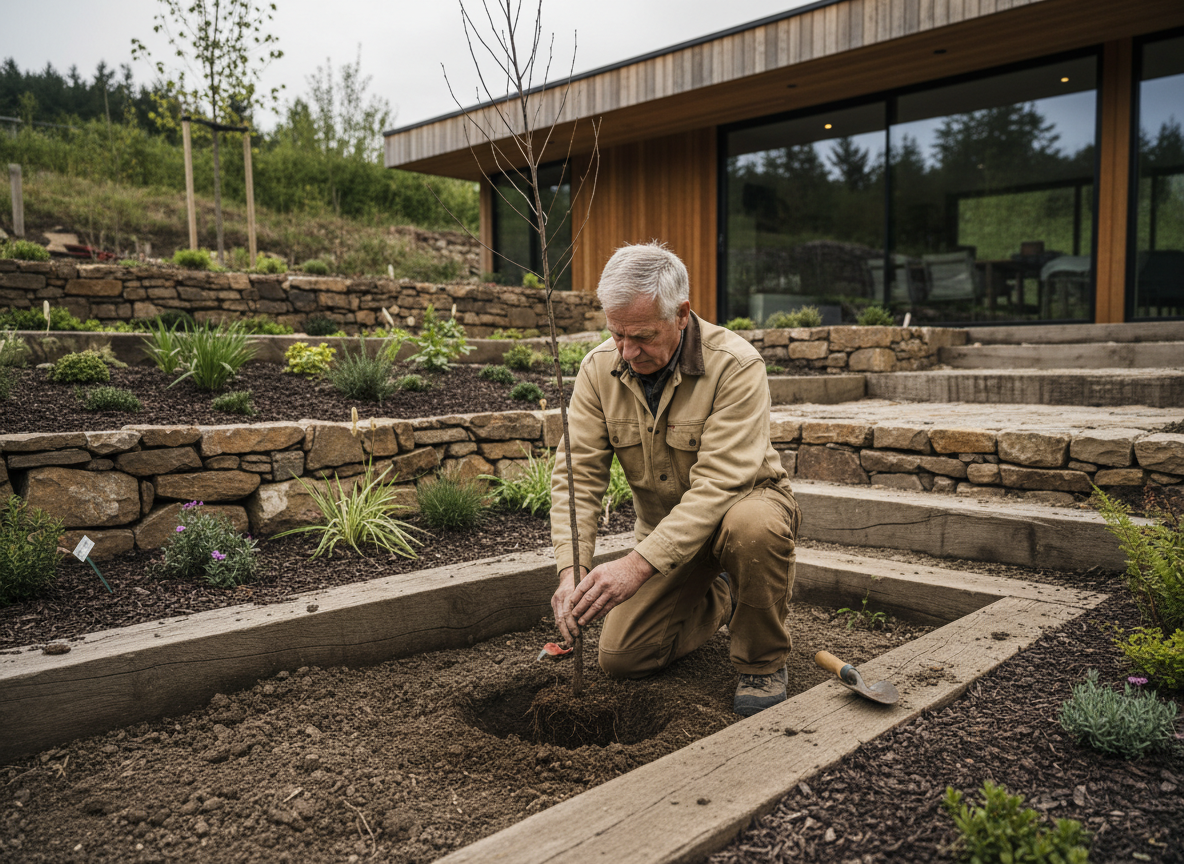Homme plantant un jeune arbre dans un jardin naturel