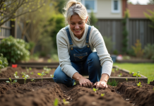 Femme d'âge moyen plantant des graines dans un jardin