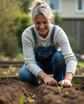 Femme d'âge moyen plantant des graines dans un jardin