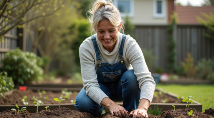 Femme d'âge moyen plantant des graines dans un jardin