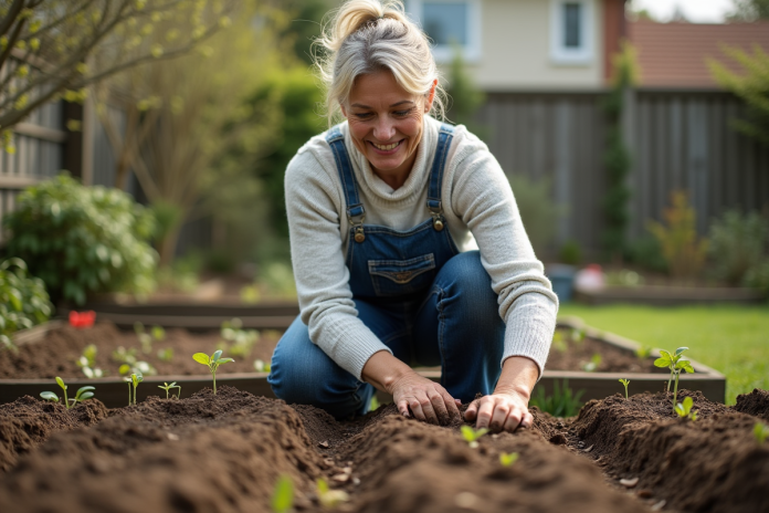 Femme d'âge moyen plantant des graines dans un jardin