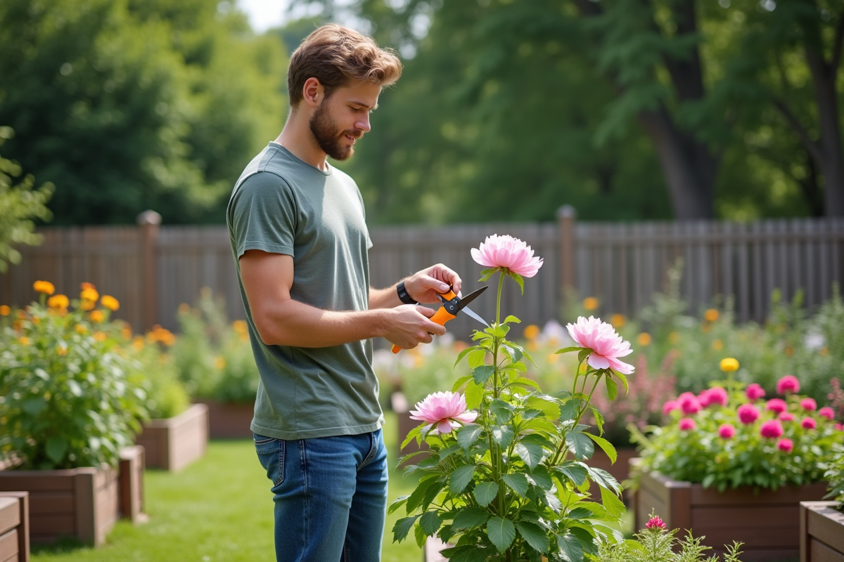 Jeune homme coupant une pivoine dans le jardin