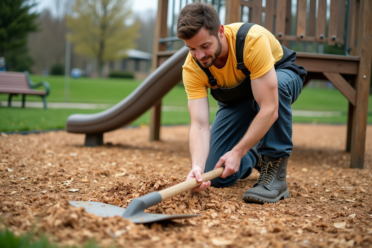 Jeune homme en vêtements de travail étalant du mulch dans un parc