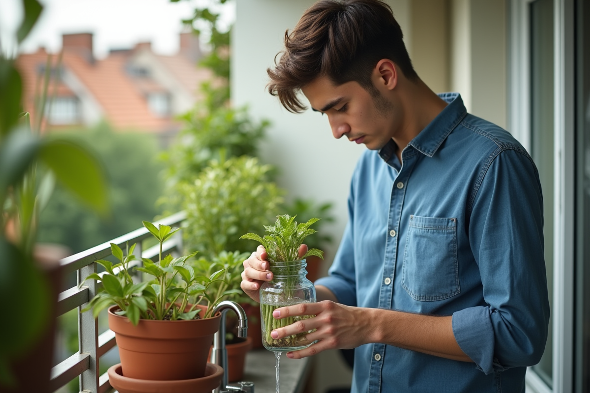 Jeune homme arrosant des plantes sur un balcon ensoleille