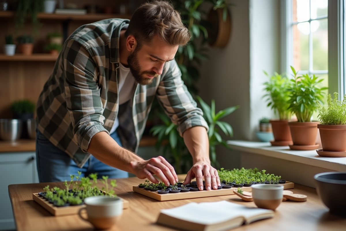 Jeune homme cultivant des semis dans la cuisine