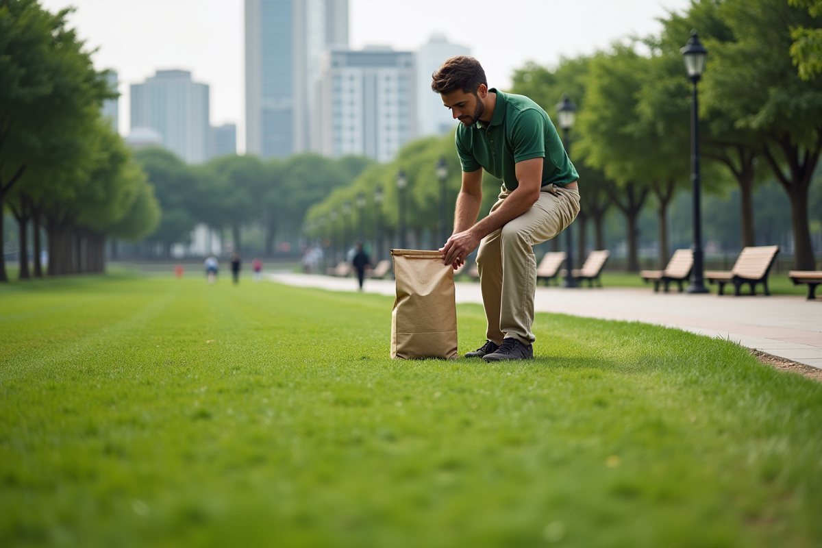 Jeune homme examinant un sac de graines dans un parc