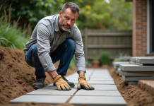 Homme en tenue de travail posant une dalle de béton dans un jardin