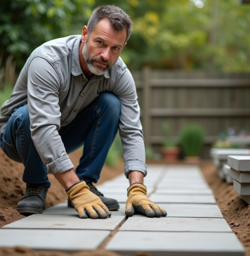 Homme en tenue de travail posant une dalle de béton dans un jardin