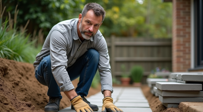Homme en tenue de travail posant une dalle de béton dans un jardin
