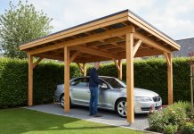 Homme garé sous un carport solaire en bois dans un jardin