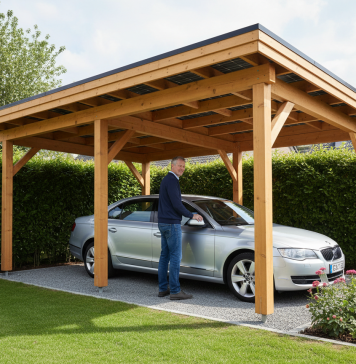 Optimiser son espace extérieur : les avantages du carport solaire en bois pour votre voiture Homme garé sous un carport solaire en bois dans un jardin