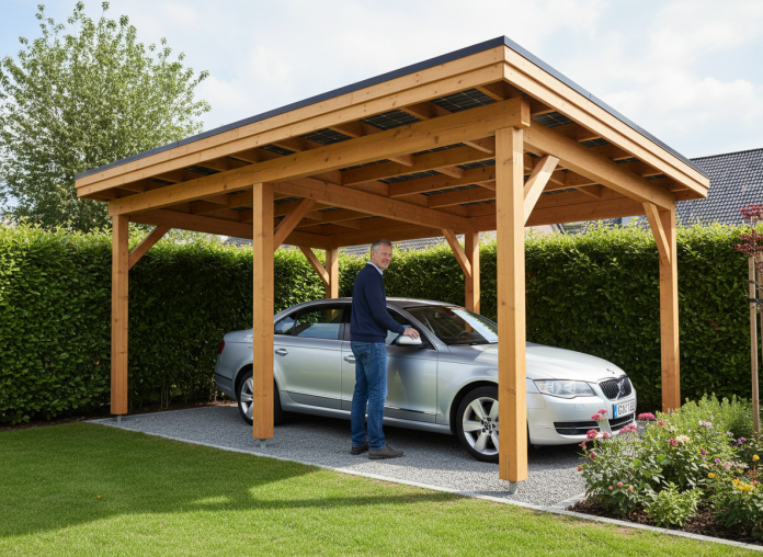 Homme garé sous un carport solaire en bois dans un jardin