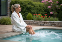 Femme détendue dans un spa extérieur avec jardin verdoyant