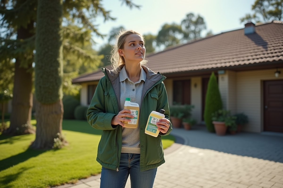 Femme compare deux produits antimousse devant la maison