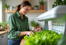 Culture de la salade sans terre : astuces et conseils simples à suivre ! Femme souriante cultivant des laitues en hydroponie dans une cuisine lumineuse