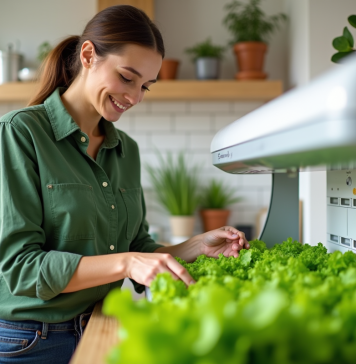 Culture de la salade sans terre : astuces et conseils simples à suivre ! Femme souriante cultivant des laitues en hydroponie dans une cuisine lumineuse
