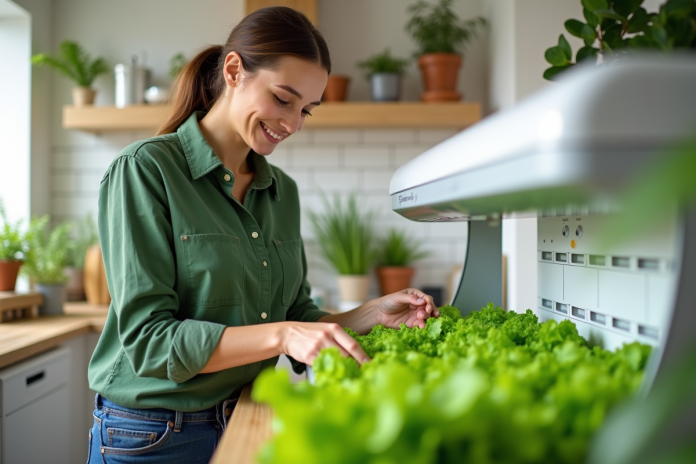 Femme souriante cultivant des laitues en hydroponie dans une cuisine lumineuse