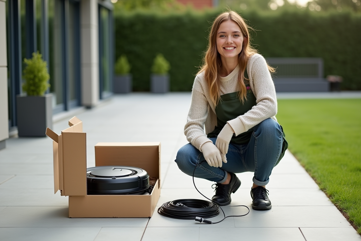 Jeune femme déployant le câble de la tondeuse robot dans le jardin