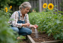 Optimiser la croissance des plants de tomates grâce au bicarbonate : conseils pratiques Femme en salopette saupoudrant bicarbonate sur tomates