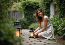 Jardin ombragé : Comment illuminer votre espace extérieur ? Femme dans le jardin arrangeant des lanternes solaires