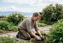 Paysagisme à Rolle : comment tirer parti du climat lémanique pour un jardin durable Femme en jardinage dans un jardin verdoyant avec vue sur le lac