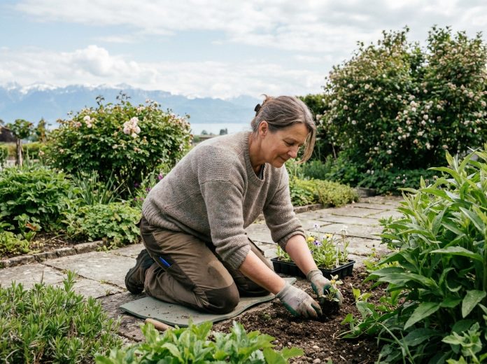 femme-jardinage-fleurs-lake-geneva Femme en jardinage dans un jardin verdoyant avec vue sur le lac