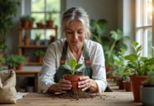 Mélange idéal pour l’enracinement des boutures : nos conseils d’experts Femme en jardinage pressant une plante dans un petit pot