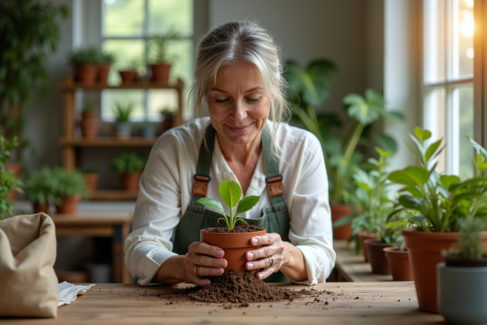 femme-jardinage-pressant-plant Femme en jardinage pressant une plante dans un petit pot