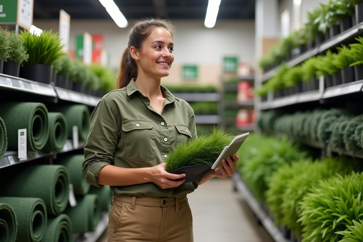Jeune femme examinant des rouleaux de gazon en jardinerie